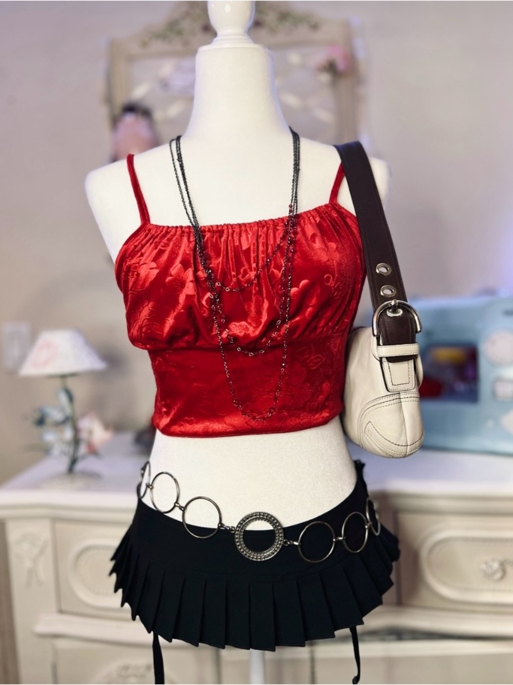 Red Satin Cropped Cami with Spaghetti Straps